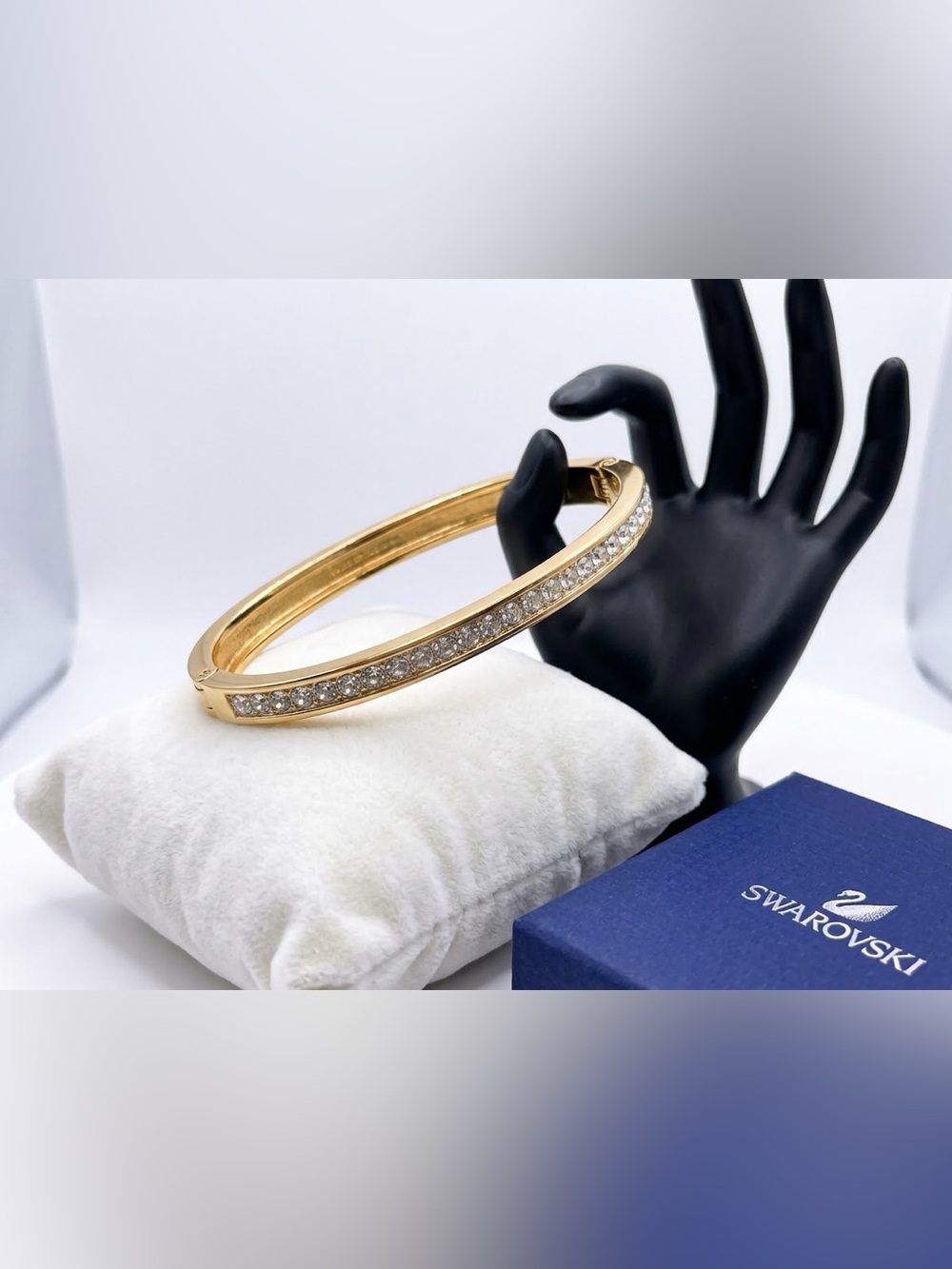 Swarovski • Vintage Gold Tone Pave Crystal Hinged Bangle Bracelet Swan Logo 6.5”